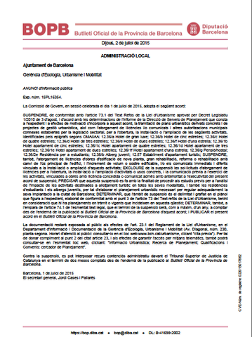 Acord de suspensió de l'atorgament de llicències d'ús turístic. Ajuntament de Barcelona