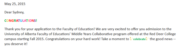 Admitted into Middle Years Program