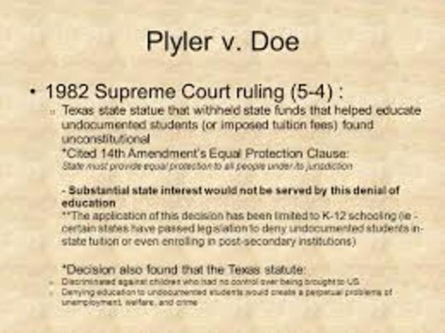 1982 - In the case of Plyler v. Doe, the U.S. Supreme Court rules in a 5-4 decision that Texas law denying access to public education for undocumented school-age children violates the Equal Protection Clause of the 14th Amendment.