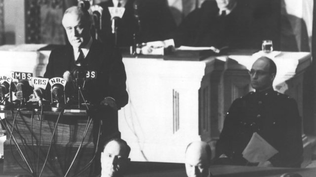 Roosevelt asks for declaration of war after Pearl Harbor attack