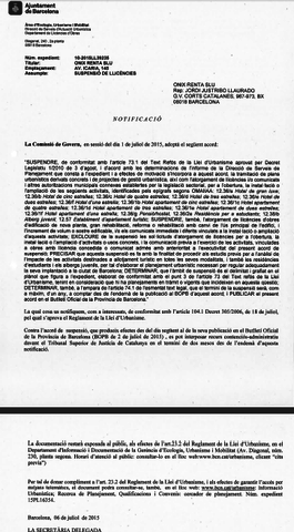Comunicació de la suspensió de la llicència a Onix Renta