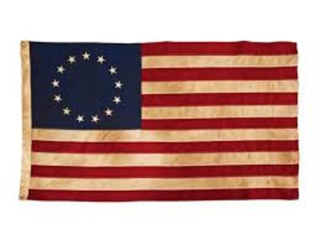 The 13 colonies are represented in the first American flag