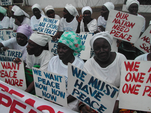women form the Women of Liberia Mass Action for Peace, which helps end the war in peace negotiations. Charles Taylor flees the country.