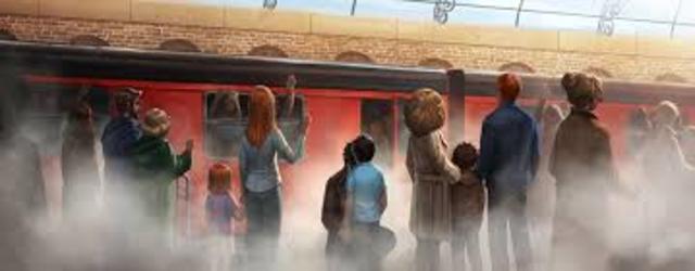 Harry, Ron, Hermione and Ginny send their children off to Hogwarts