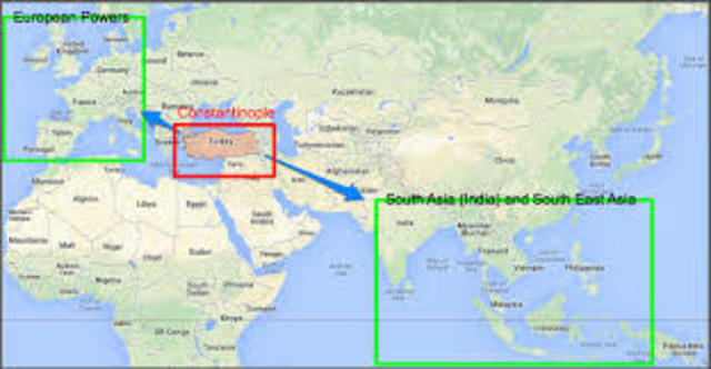Turkish Empire cuts off land route from Europe to Asia