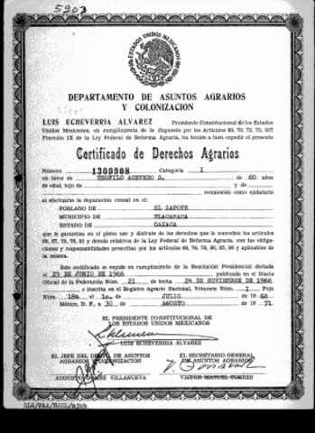 Expedición de certificados de derechos agrarios