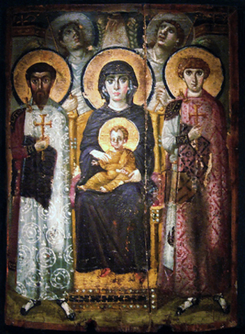 Virgin (Theotokos) and Child between Saints Theodore and George. Early Byzantine Europe.