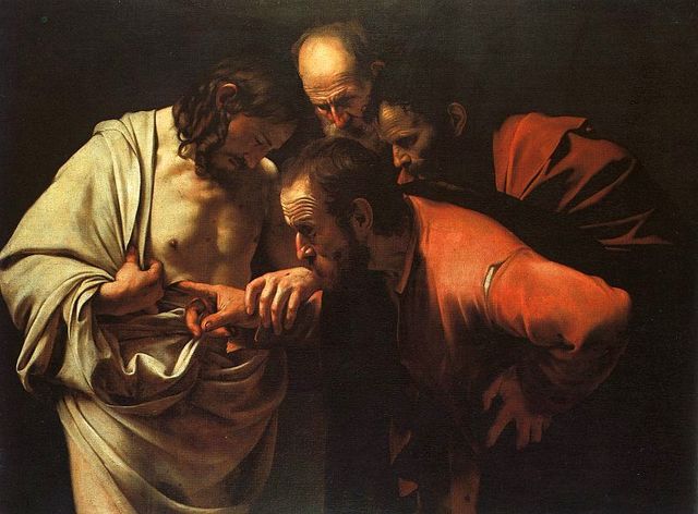 Caravaggio portrays the event in which Jesus shows his disciples the gash in his side in order to help Thomas believe.