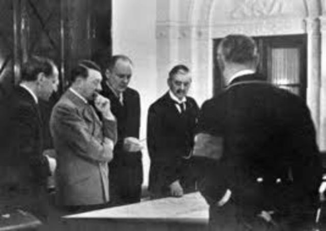 1938 Munich Pact signed giving the Sudetenland of Czechoslovakia to Germany