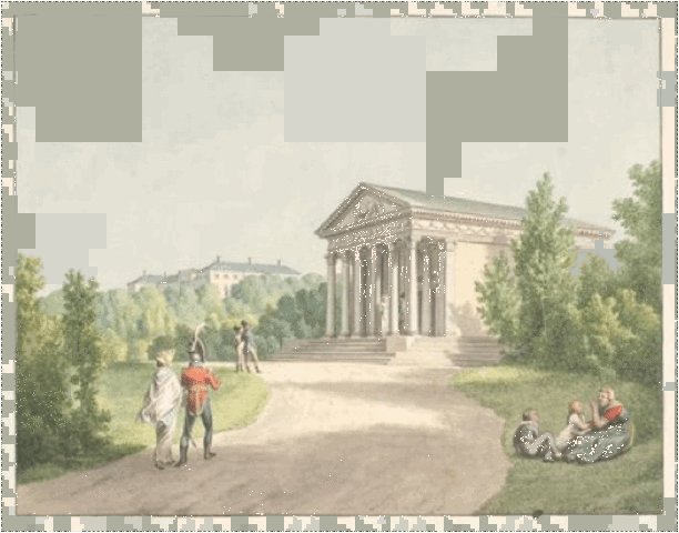 C.W. Eckersberg: Prospekt fra Frederiksberg Have ved slottet og Apistemplet, 1809