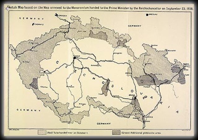1938 Munich Pact signed giving the Sudetenland of Czechoslovakia to Germany