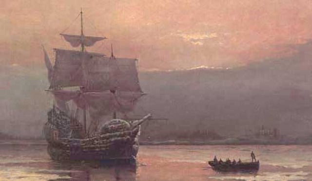Pilgrims sail on the Mayflower