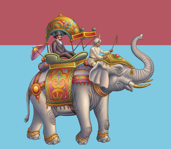 Fogg, Cromarty, et Passepartout prennent les elephants à Calcutta