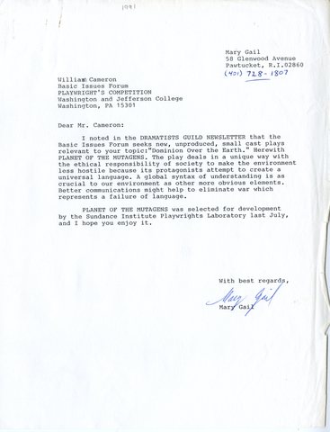 Playwright Mary Gail to William Cameron