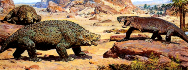 Período Pérmico; Predominan los reptiles parecidos a los mamíferos; enorme extinción sobre tierra y en el agua al final del período.