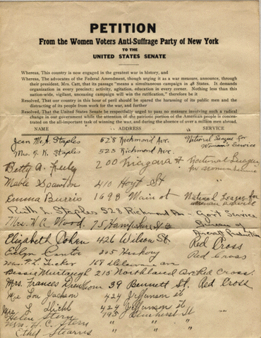 Petition to U.S. Senate; Women Voters Anti-Suffrage Party of NY WW1