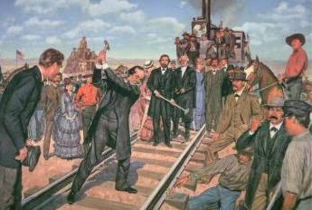 Last spike of the transcontinental railroad driven in