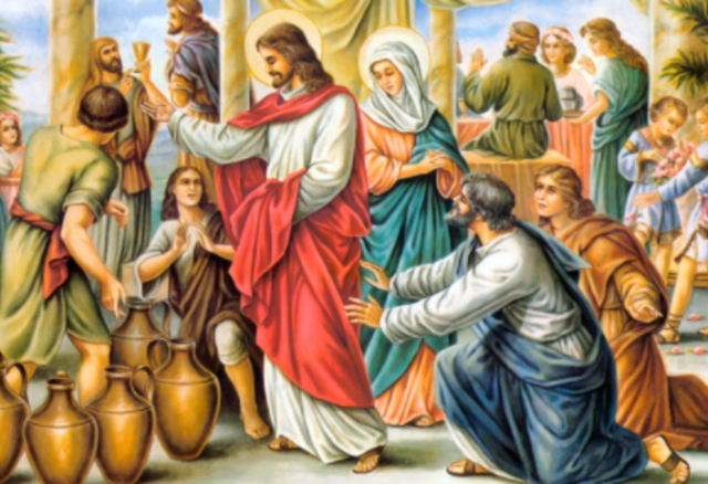 Performs his first miracle by turning water into wine at the wedding of Cana