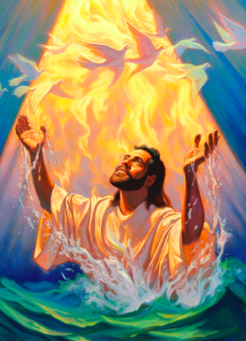 Jesus is baptised by John the Baptist at the age of thirty in the Jordan River.