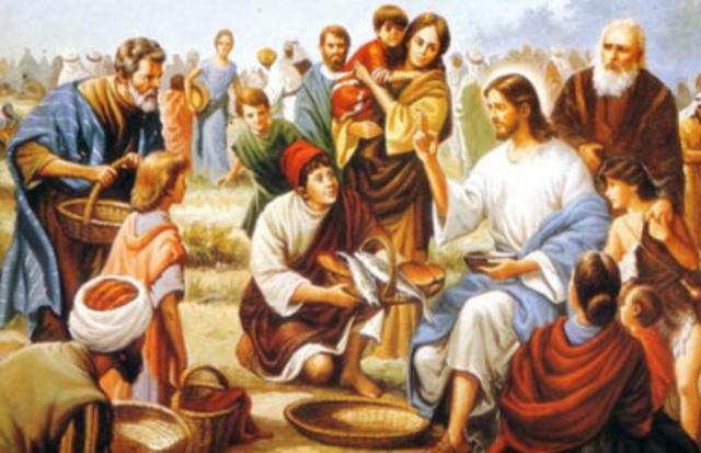 Miracle of the Loaves and Fishes -- feeds 5000 men plus women and children with 5 loaves of bread and two fish.