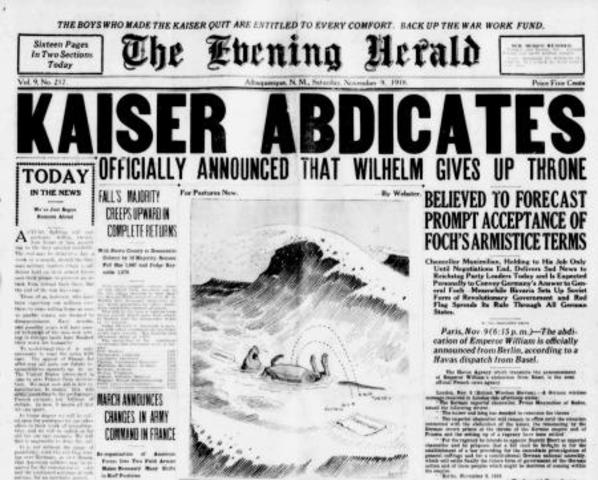 Kaiser Wihelm abdicates and goes into Exile