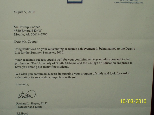 My second Dean's list for Summer semester at South Alabama 2010