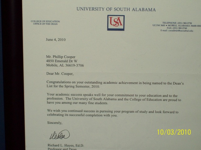My Deans list for my first semester at South Alabama Spring 2010