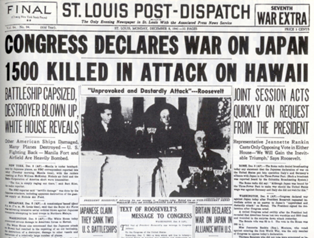 America declares war on Japan and enters WWII