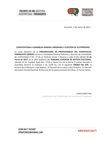 Llamado a Asamblea General Ordinaria y elección de autoridades.