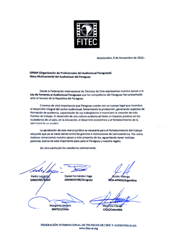 Carta de Apoyo Fitec Ley de Cine