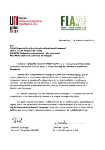 La UNI envía carta de apoyo a la Ley de Cine
