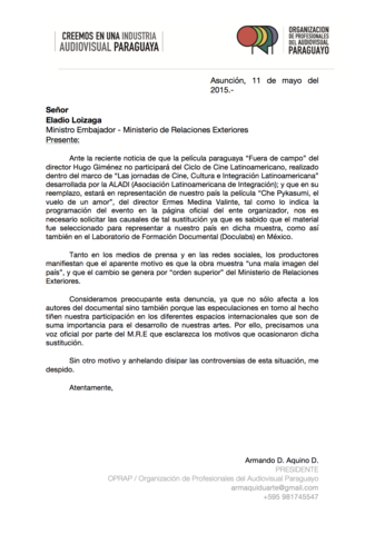 Solicitud de Información al MRE sobre caso Fuera de Campo