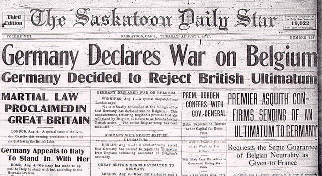 Germany declares war on Belgium.