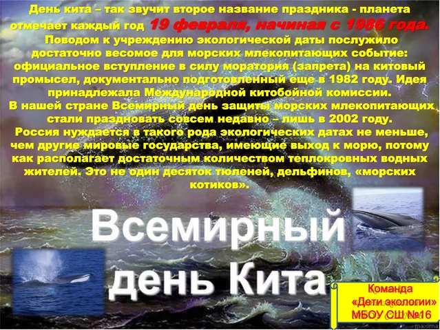 Всемирный день защиты морских млекопитающих (День кита) (с 1986г.)