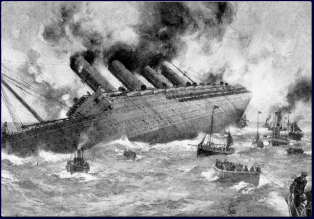 The British ocean liner RMS Lusitania is sunk by German U-boat,