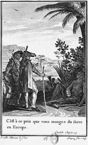 Illusztráció a két utazó és a rabszolga találkozásáról Szurinaméban.