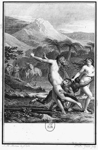 Illusztáció, amin az látható, hogyan kergetik a lányt a majmok!