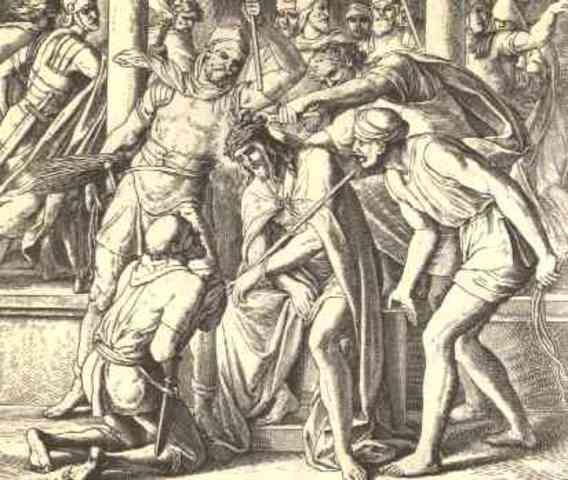 Mark 15:17-18 They clothed him in purple and, weaving a crown of thorns, placed it on him. They began to salute him with, “Hail, King of the Jews!”