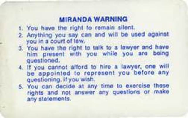 Miranda v. Arizona: Supreme Court decision further defines due process clause of Fourteenth Amendment and establishes Miranda rights