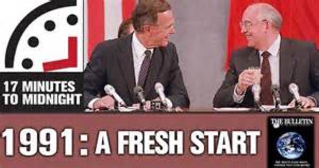 U.S. and Soviet Union sign START I treaty, agreeing to further reduce strategic nuclear arms