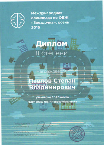 Международная олимпиада по ОБЖ. Диплом 2 степени