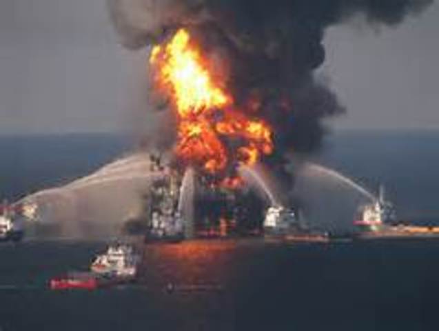 An explosion and fire on the Deepwater Horizon oil rig in the Gulf of Mexico sends millions of gallons of oil into the sea.