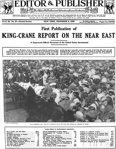 1922, King-Crane Commission Report. Afleveret 1919, først publiceret dec 1922