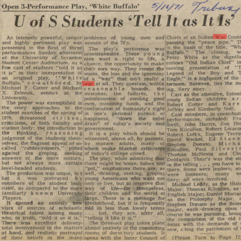 Open 3-Performance Play, 'White Buffalo': U of S Students Tell It as It Is