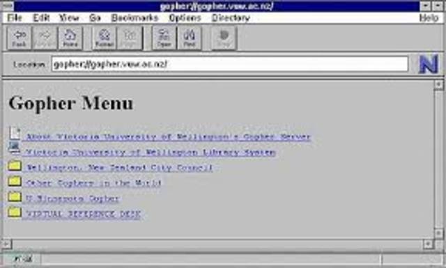 El Gopher es creado por la Universidad de Minnesota. El Gopher provee al usuario de un método basado en un menú jerárquico, que es capaz de localizar información en la Internet.