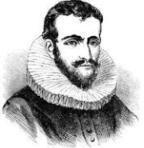 Henry Hudson, exploring for the Netherlands, claims land that will become New Netherland