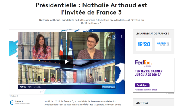 Nathalie Arthaud est l'invitée de France 3