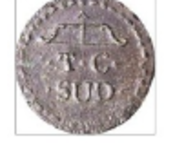 moneda con las iniciales T. C. entre el arco y la palabra SUD