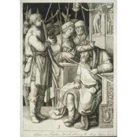 Lucas van Leyden. "Taavet mängib harfi kuningas Sauli ees."