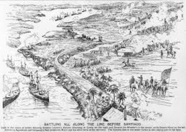Forces destroy the Spanish Fleet off Santiago Bay, Cuba.